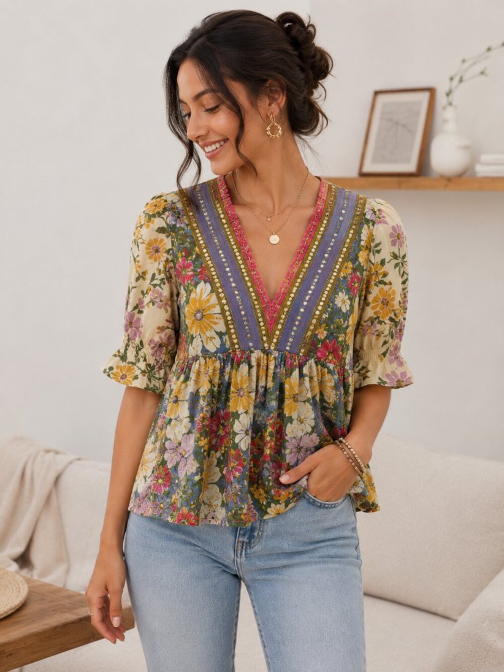 Blank London Floral Embroidered Boho Peplum Blouse Petite Small Cottagecore Top